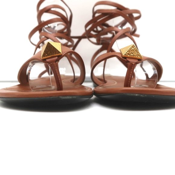 VALENTINO ROMAN STUD ANKLE WRAP FLAT SANDALS BROWN LEATHER SIZE 37 - Picture 4 of 11